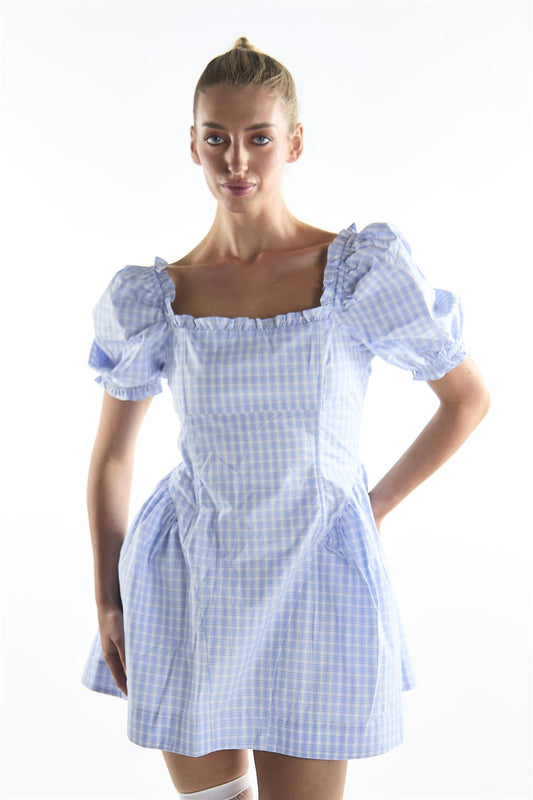 Blue Grid Check Puff Sleeve Mini Dress