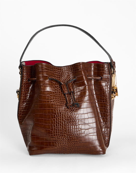 Brown Croc Embossed Drawstring Bucket Bag