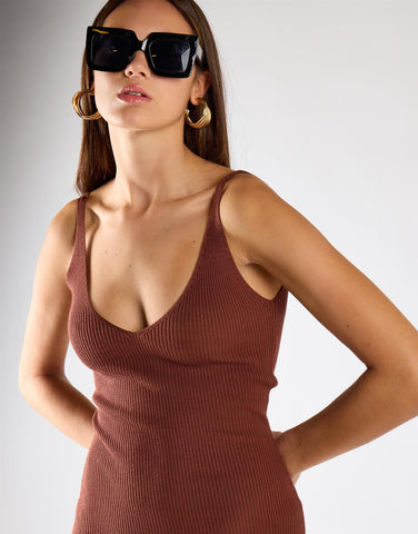 Reddish Brown Ribbed V-Neck Midi Dress