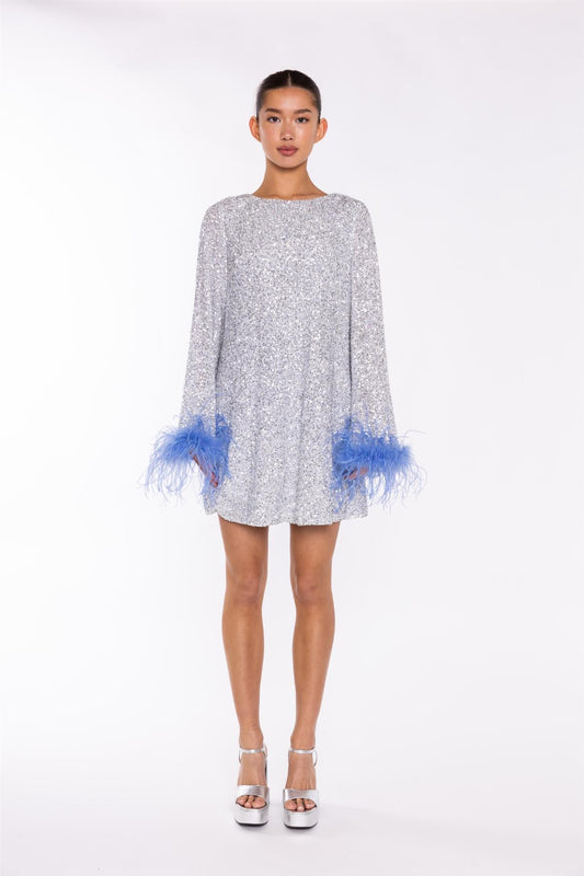 Silver-Sequin Blue Feather-Cuff Mini-Dress