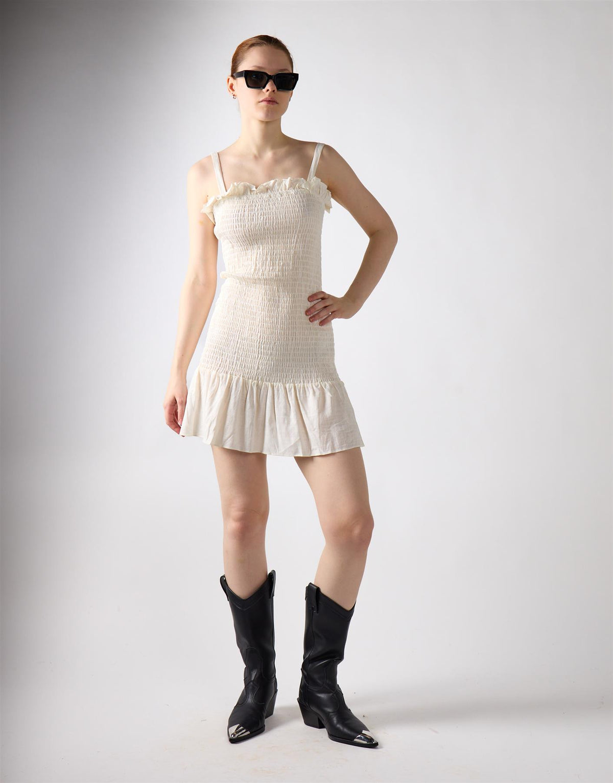 Frill Short Square Neck Dress - Off White