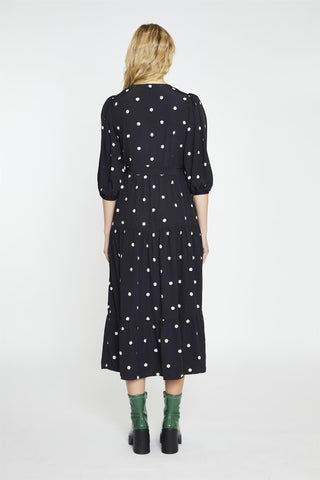 Black Daisy V-Neck Wrap Midi-Dress
