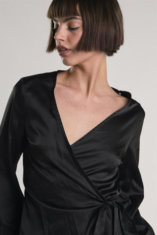 Black-Sateen Long Sleeve Wrap Top