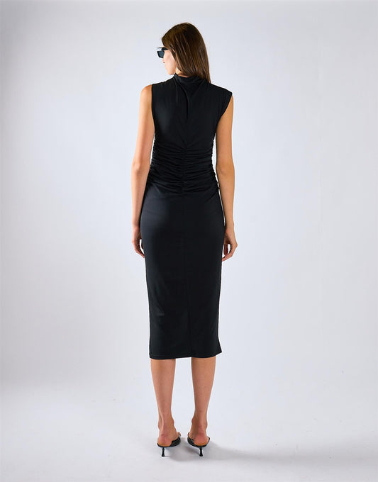 Black Sleeveless High-Neck Ruched Midi Bodycon Dress