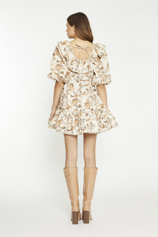Tan-Multi-Blossom Ruffle-Neckline Mini-Dress