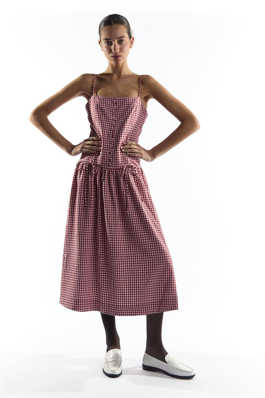 Red Gingham Button Through Dropped Waist Midi Dress