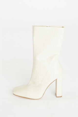 Nude Croc Print Calf High Heeled Boot