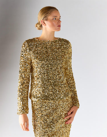 Gold Sequin Back-Keyhole Long-Sleeves Top