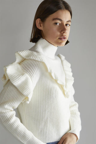 Cream High Neck Jumper with Ruffle Detail