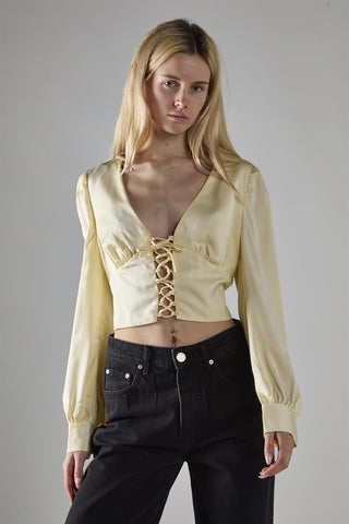 Cream-Sateen Lace-Up-Front Crop-Top