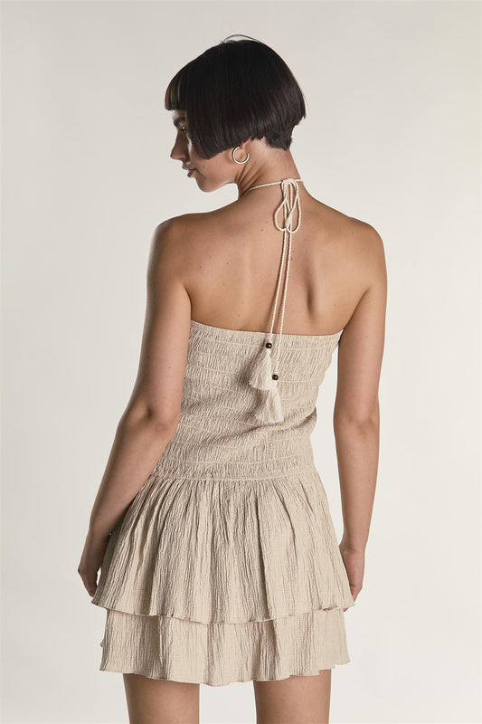 Stone Textured Halter Frill Mini Dress