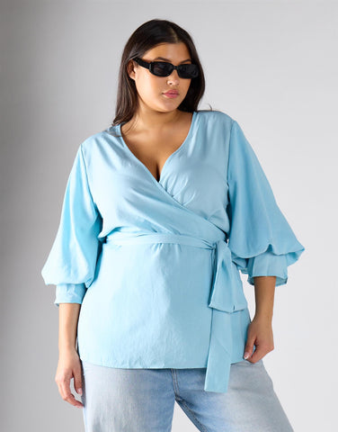 Glamorous Curve Pastel Blue Wrapped Top