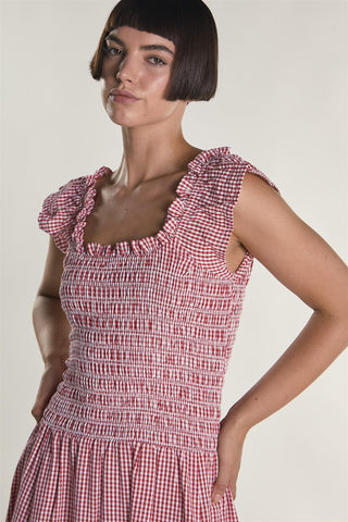 Red Gingham Frill Sleeve Maxi Dress