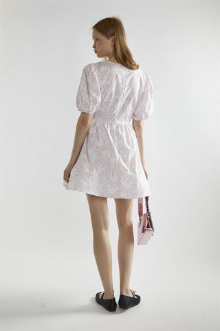 White-Pink Bow V-Neck Mini-Dress