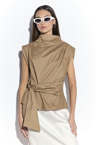 Sleeveless Belted Top in Tan Colour