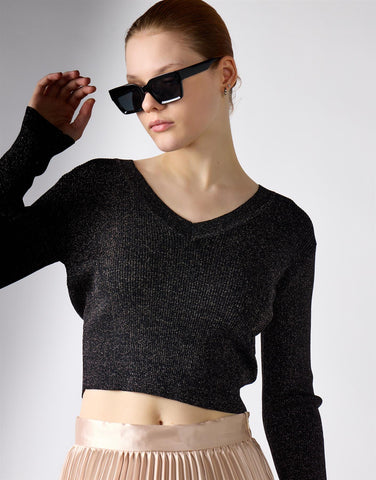 Black Glitter Knit V-Neck Long Sleeve Crop Top