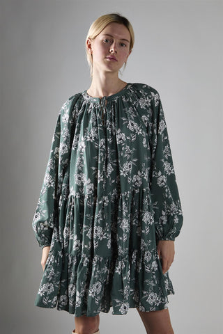 Khaki White Floral Poplin Tiered Mini-Dress