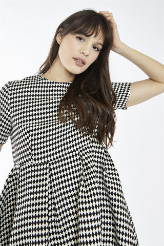 Black-White Diamond Crew-Neck Skater Mini-Dress