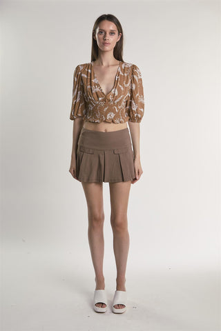 Brown Paisley Puff Sleeve V Neck Crop Top