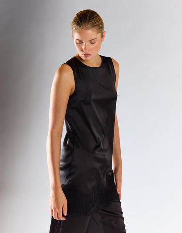 Black Satin Sleeveless Lace-Trim Dress