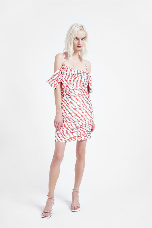 White-Diagonal-Floral Bardot Mini-Dress