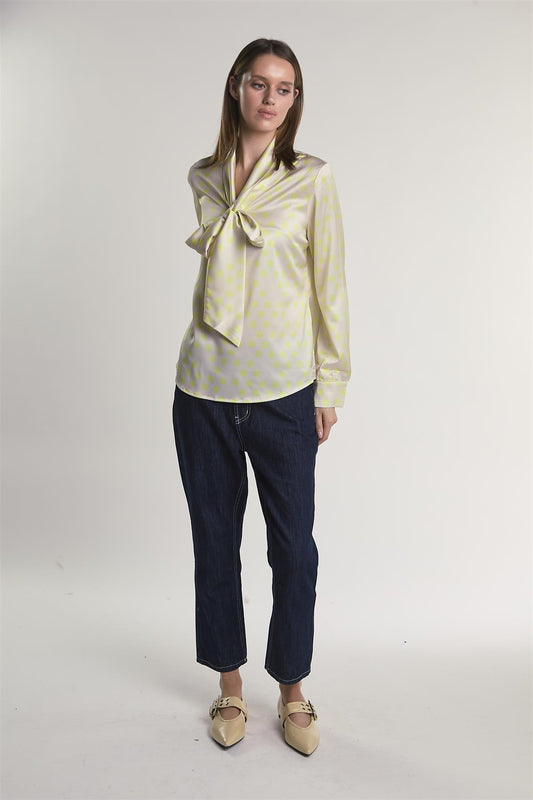 Yellow-Polka-Dot Front-Tie Long-Sleeve-Top