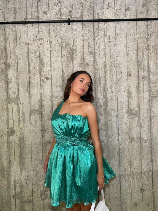 Kendra Asymmetric Gathered Mini Dress -Emerald-Green