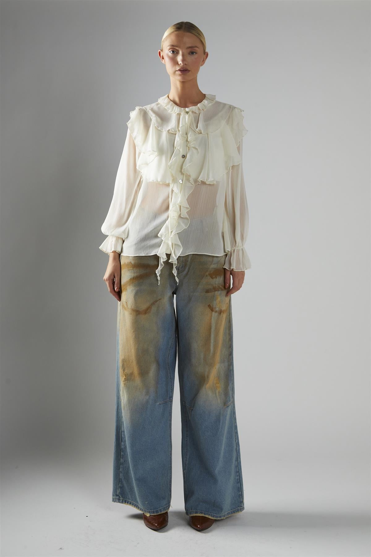 Cream Button-Front-Ruffle Blouse