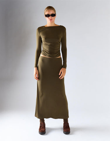 Olive Ruched Side Long-Sleeves Boatneck Top