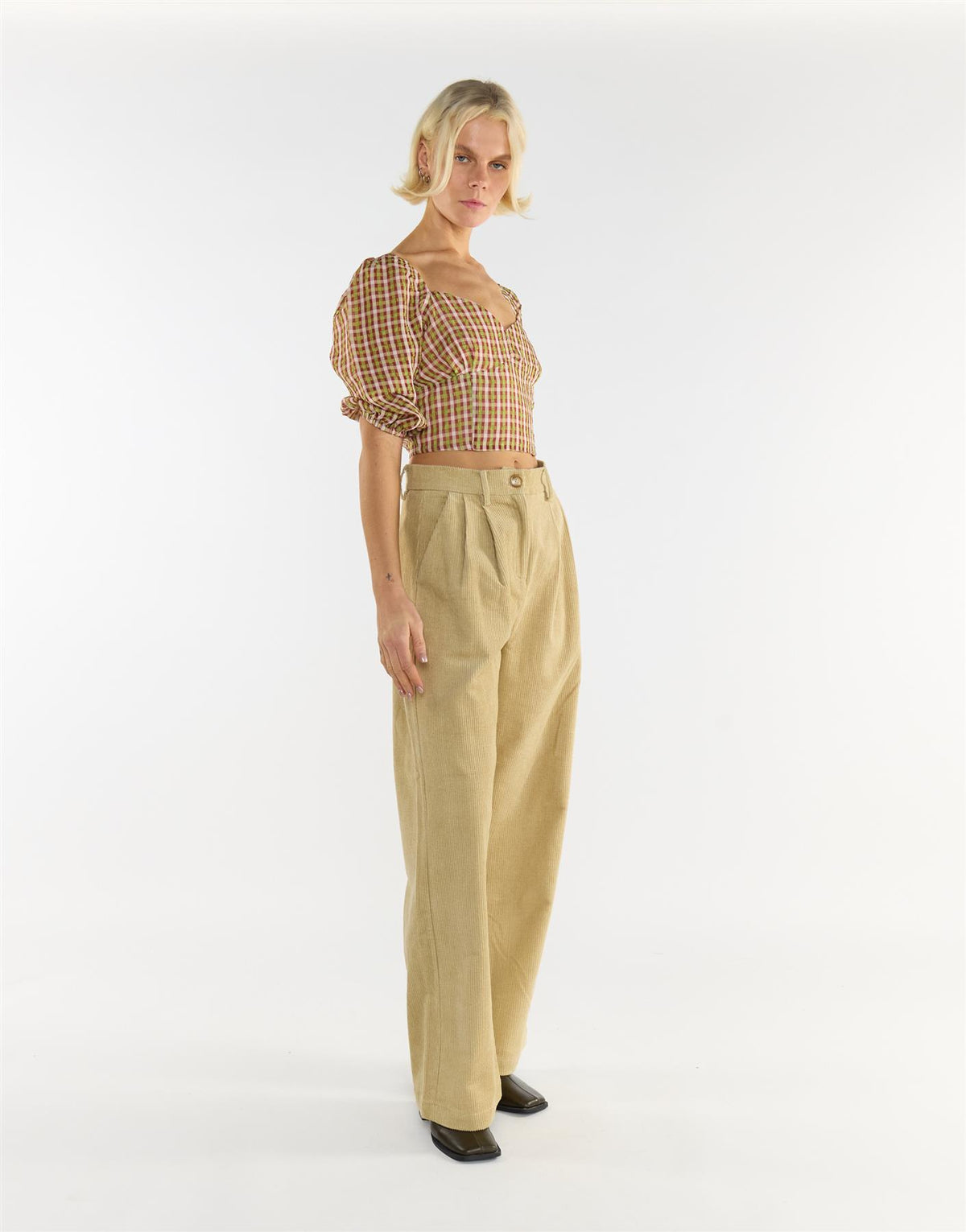 Sweetheart short sleeve Crop Top in Red Green Multi Check