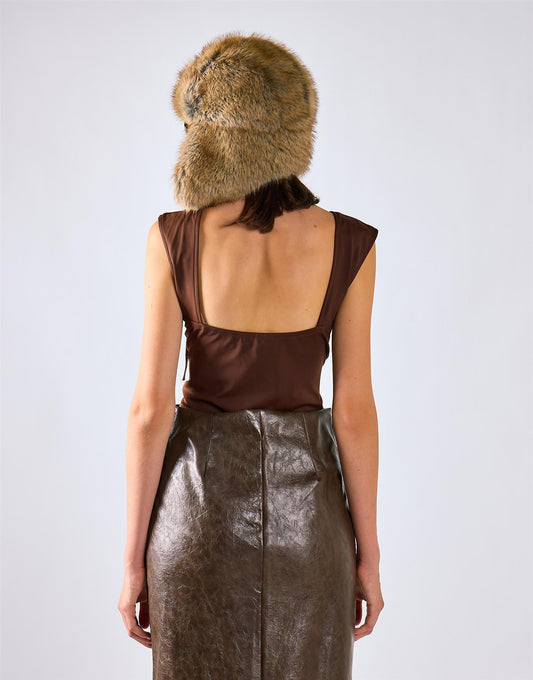 Deep Brown Open Square Back Cap-Sleeve Top