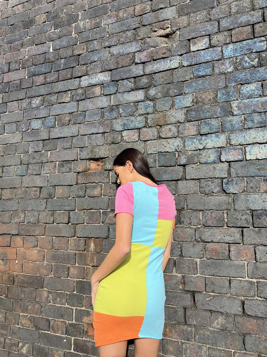 Multicolour-Patchwork Cut-Out-Bodycon Mini-Dress