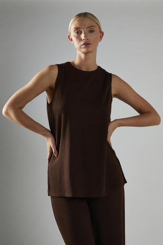 Brown-Rib Sleeveless Loose-Top