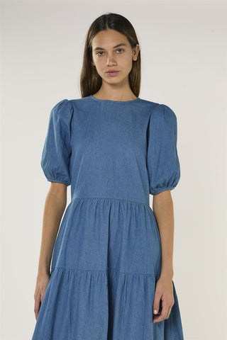Washed Blue Tiered Maxi Dress with Puff Sleeves
