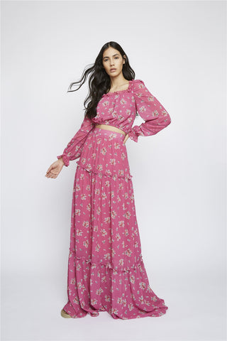 Pink Floral Square Frill Neck Crop Top