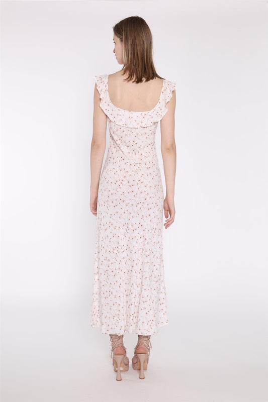White-Base Floral Ruffle Neck Midaxi-Dress