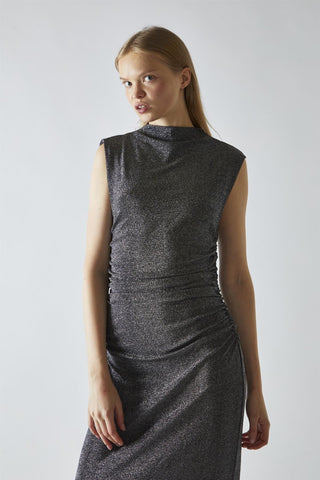 Black-Silver Glitter Ruched Midaxi-Dress