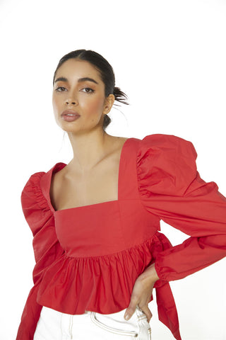 Red Puff Long Sleeve Open Back Top