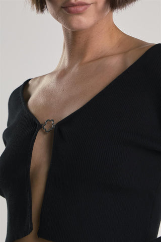 Black Open-Front-Ribbed Crop-Top