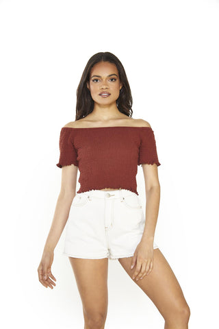 Umber Shirred Bardot Crop-Top