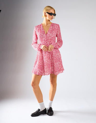 Red Leopard Chiffon V-Neck Tie Waist Mini Dress