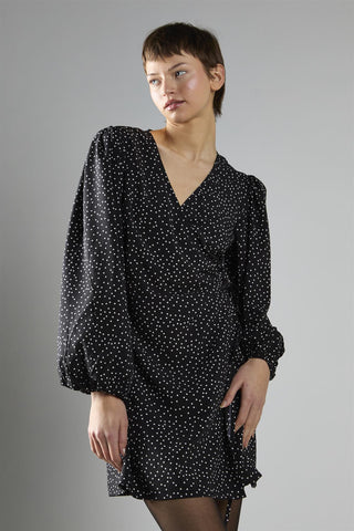 Black Polka Dot Wrap Mini Dress