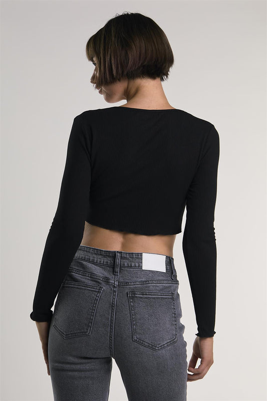 Black V-Neck-Lettuce-Trim Long Sleeve-Top
