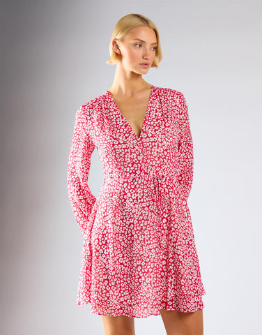 Red Leopard Chiffon V-Neck Tie Waist Mini Dress