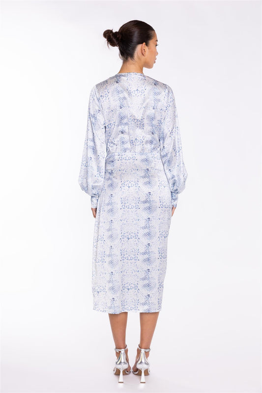 White-Blue Animal Wrap Midi-Dress