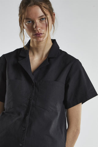 Lapel Collar Short Sleeves Shirt - Black