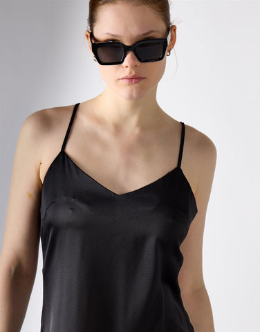 V-neck Open Back Midi Dress - Black Sateen