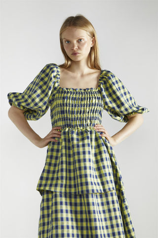 Yellow-Blue Check Tiered Maxi-Dress