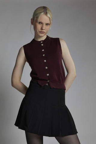Burgundy Sleeveless-Vest Button-front-Top