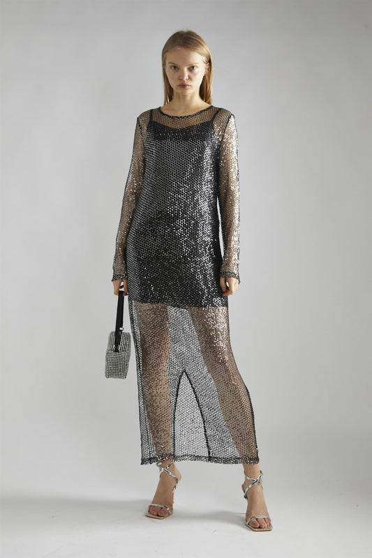 Black-Silver Sequin-Net Midi-Dress